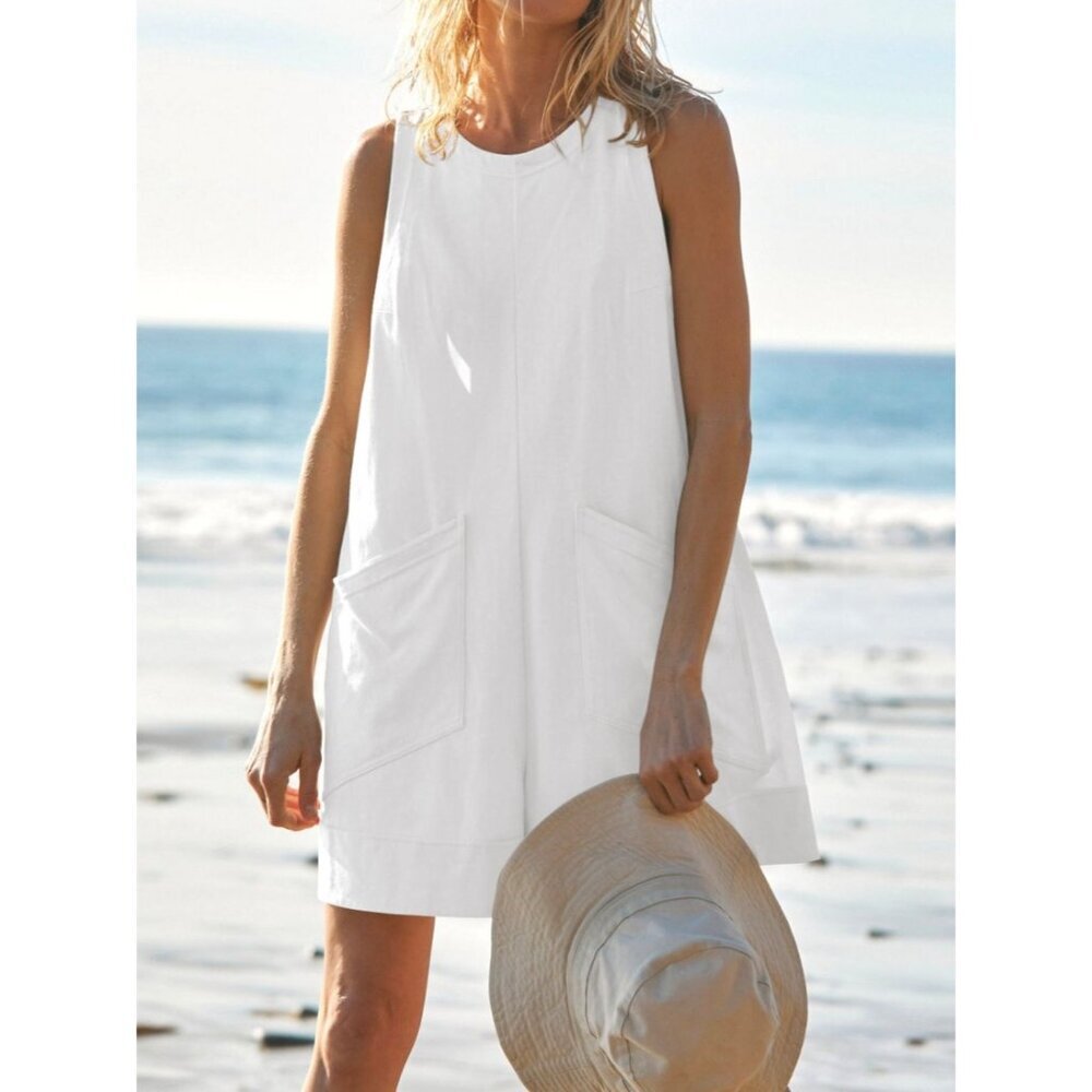 Beach Boho Maui - Round Neck Sleeveless Romper with Pockets - - Picture 2 of 4
